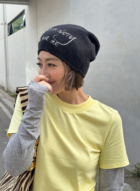 LEDIM WANG白标/烫片堆堆针织冷帽女棕色宽松薄款2025冬季新款