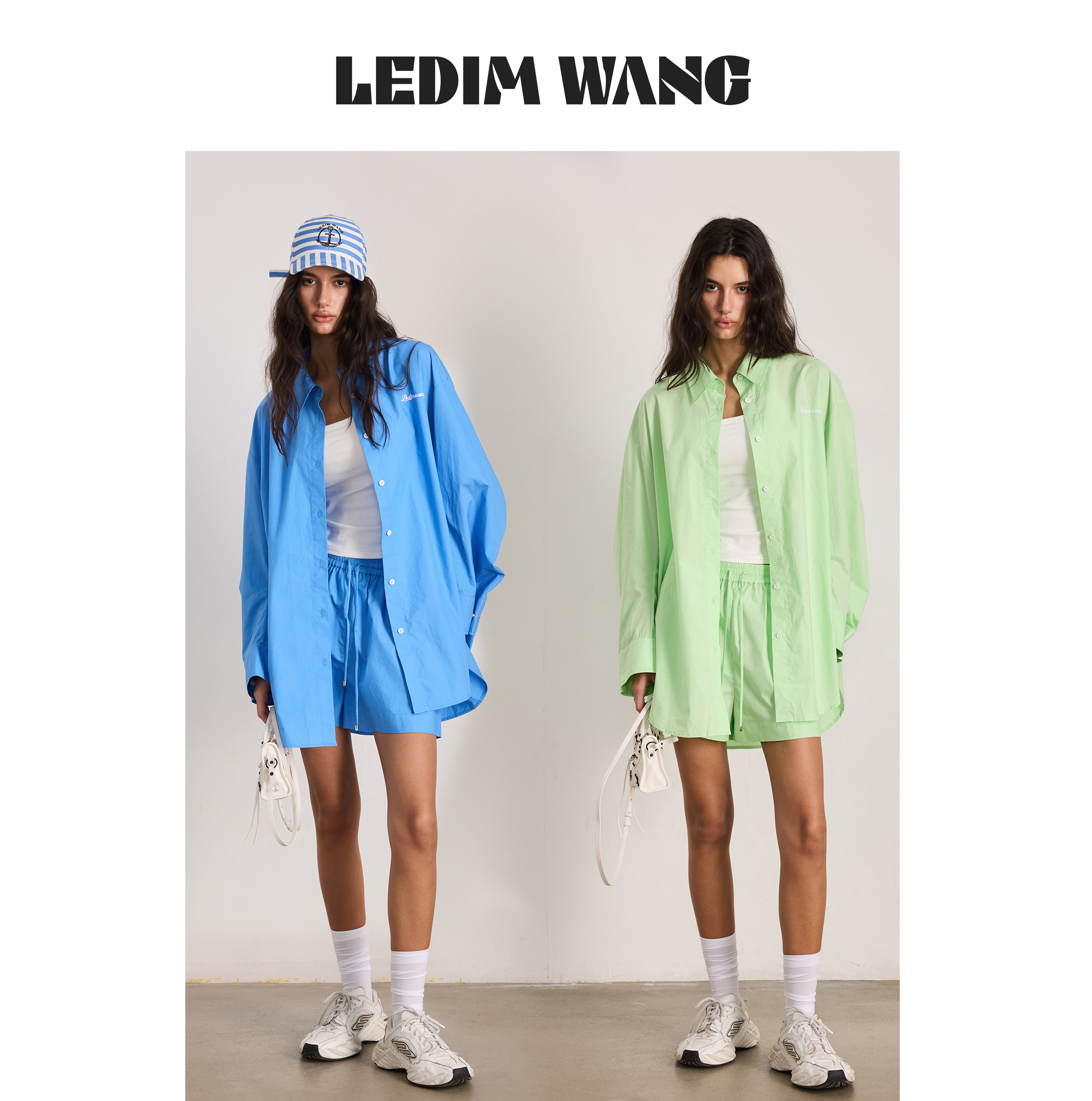 LEDIM WANG夏日松弛感长袖衬衣女蓝/绿色纯棉轻薄透气衬衫26新款