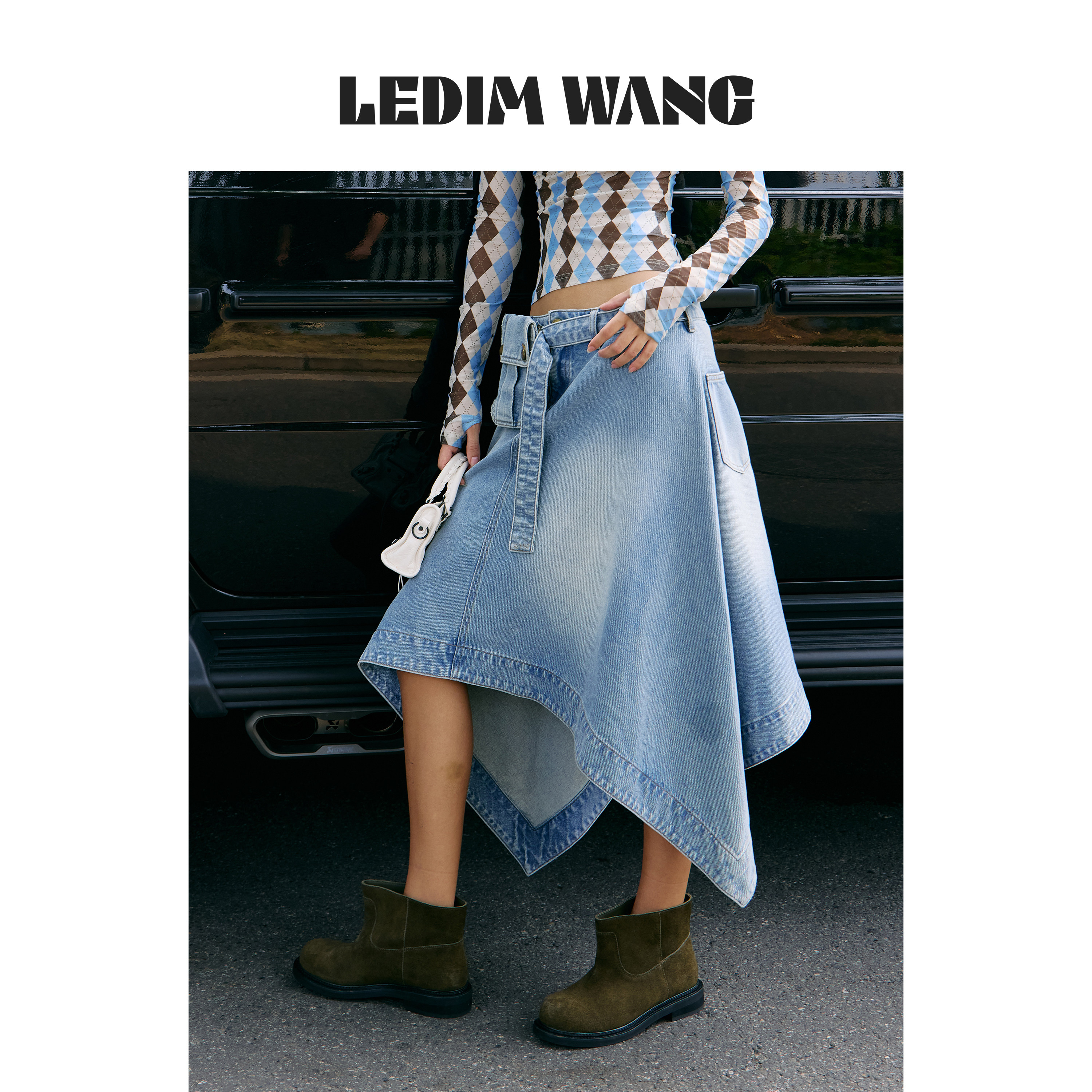LEDIM WANG设计师不规则牛仔半身裙女中低腰纯棉叠穿长裙26秋新款