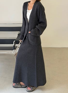 LEDIM WANG白标/知性风A摆毛织半身裙女修身灰色长裙2025秋冬新款