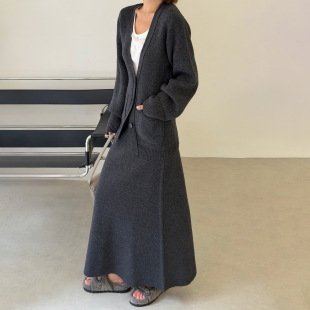 灰色百搭长裙秋冬新款 知性风A摆毛织半身裙女修身 WANG白标 LEDIM