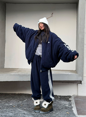 LEDIM WANG运动风摇粒绒时尚套装女25冬季新款双色棉服休闲裤短裙