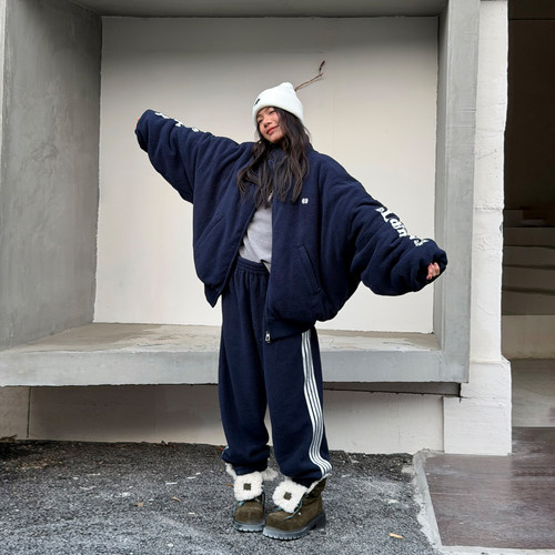 LEDIM WANG运动风摇粒绒时尚套装女25冬季新款双色棉服休闲裤短裙