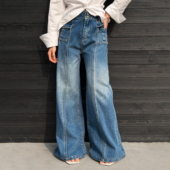 WANG 宽腰头微喇牛仔裤 女深蓝高腰显瘦阔腿长裤 LEDIM 2026春新款