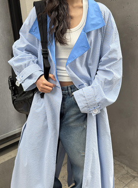 LEDIM WANG蓝白条纹风衣女海军风长袖撞色长款外套2026春季新款