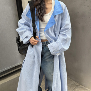 新款 LEDIM 外套2026春季 撞色长款 WANG蓝白条纹风衣女海军风长袖