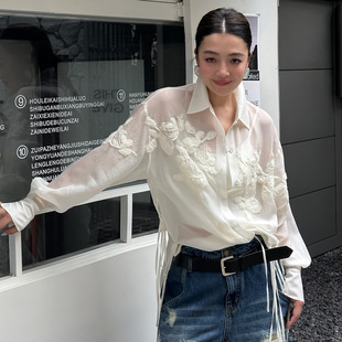 衬衣女夏白色上衣新款 LEDIM 花卉重工宽松长袖 WANG 黑标系列