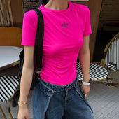 LEDIM T恤女休闲百搭圆领上衣春夏新款 WANG荧光色系修身 短袖