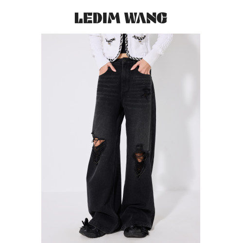 LEDIMWANG破洞直筒黑色牛仔裤