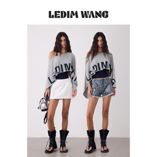 LEDIM WANG斜肩斗篷式T恤罩衫女26夏新款露肩宽松百搭设计感上衣