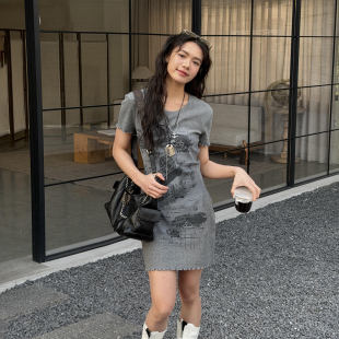 连衣裙2026春夏新款 短袖 WANG灰色雾感印花T恤裙女辣妹修身 LEDIM