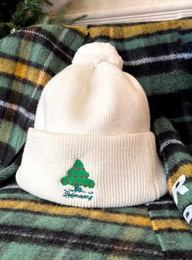 LEDIM WANG红标/冬日初雪圣诞针织帽女白色圣诞树绣花25秋冬新款