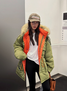 LEDIM WANG白标/街头涂鸦长款棉服外套女军绿色可拆领25秋冬新款