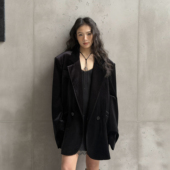 LEDIM 新款 WANG复古丝绒西装 外套女黑色宽松廓形轻奢西服2026春季