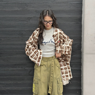 WANG咖色格子衬衫 新款 女毛边纯棉阔版 衬衣2026春季 宽松长袖 LEDIM