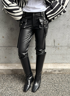 LEDIM WANG白标/机能工装皮裤六分裤女黑色紧身中裤25秋冬新款