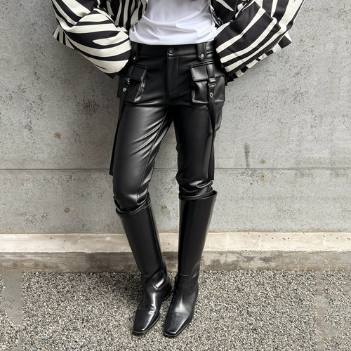 LEDIM WANG白标/机能工装皮裤六分裤女黑色紧身中裤25秋冬新款