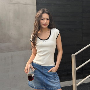 T恤女白色宽松亲肤通勤上衣2026春新款 LEDIM WANG撞色刺绣短袖