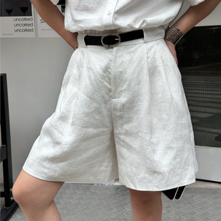 【于文文同款】LEDIM WANG黑标/老钱风亚麻裤子白色夏女阔腿中裤