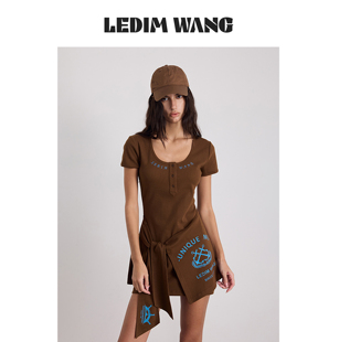 LEDIM WANG咖色搭片绑带连衣裙女26夏新款棕色修身U型亨利领短裙