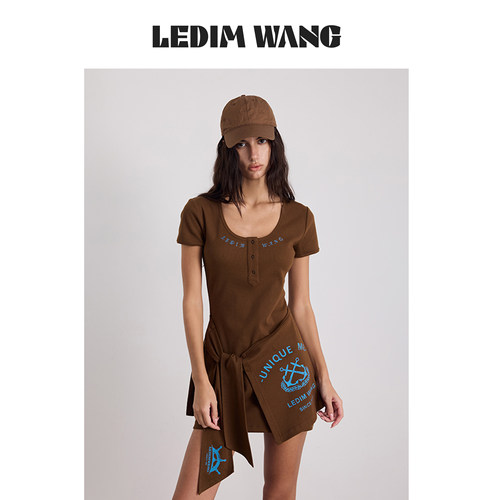 LEDIMWANG咖色搭片绑带连衣裙