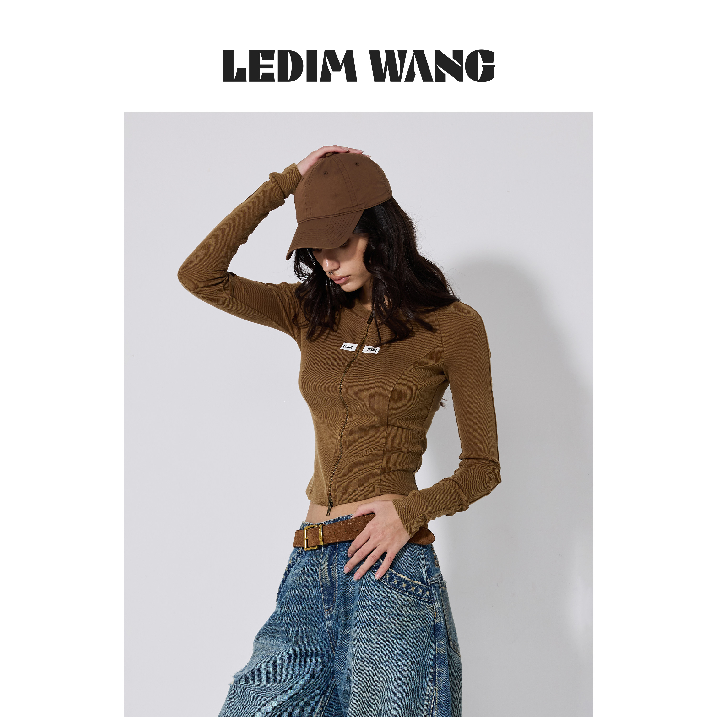 LEDIM WANG美式复古做旧短款针织衫女摩卡棕收腰显瘦上衣26秋新款