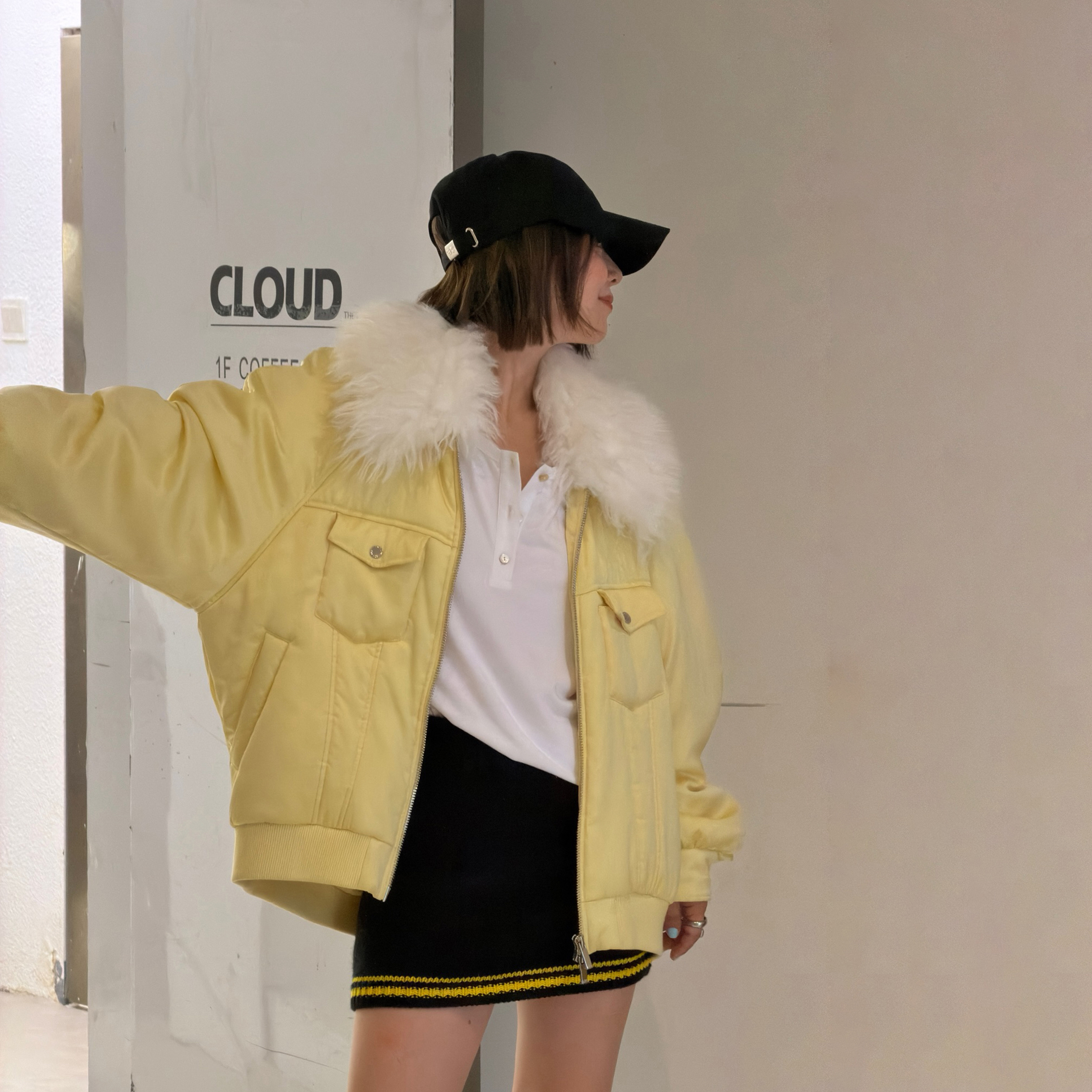 LEDIM WANG白标/皮草毛领茧型棉服外套女黄色宽松上衣25秋冬新款