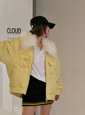 LEDIM WANG白标/皮草毛领茧型棉服外套女黄色宽松上衣25秋冬新款