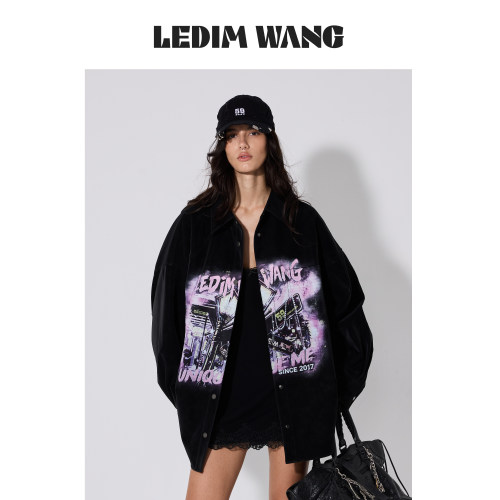 LEDIMWANG复古印花PU皮衬衫外套