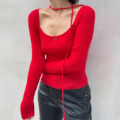 LEDIM 上衣 U领红色修身 WANG飘带方领羊毛内搭打底衫 女25秋冬新款
