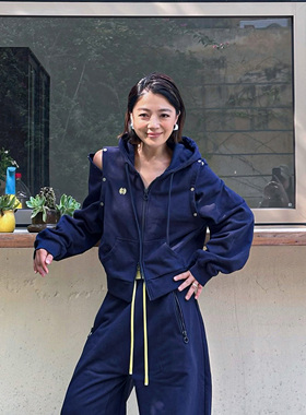 LEDIM WANG红标休闲纯棉卫衣开衫外套女藏蓝色可拆卸上衣25冬新款