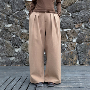 25秋冬 女卡其色宽松高智阔腿长裤 LEDIM WANG极简风解构羊毛休闲裤