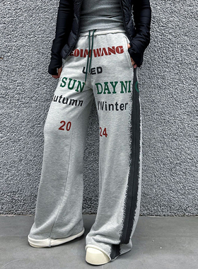 LEDIM WANG美式字母印花卫裤女秋季新款宽松直筒灰色休闲百搭长裤