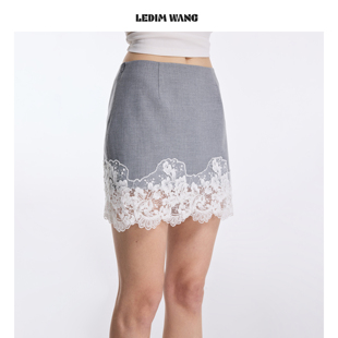 LEDIM WANG烟灰色拼接蕾丝半身裙女休闲通勤包臀短裙2026春夏新款
