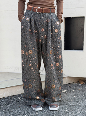 LEDIM WANG重工珠片休闲裤女灰棕高级感宽松阔腿裤长裤25秋冬新款