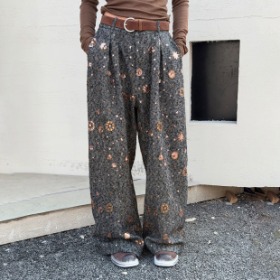 25秋冬新款 LEDIM 长裤 女灰棕高级感宽松阔腿裤 WANG重工珠片休闲裤