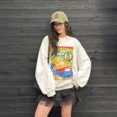 LEDIM 新款 WANG漫画印花长袖 卫衣女套头圆领白色百搭上衣2026春季