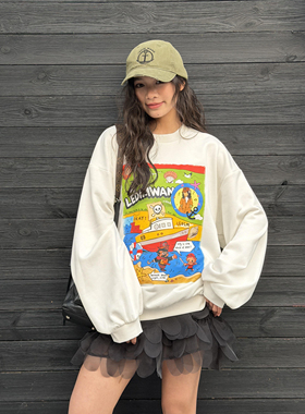 LEDIM WANG漫画印花长袖卫衣女套头圆领白色百搭上衣2026春季新款