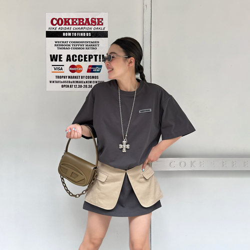 LEDIM WANG【白标系列】视觉戏法T短裙女夏灰色直筒休闲恤连衣裙