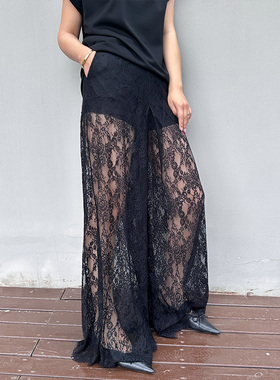 LEDIM WANG【白标系列】镂空蕾丝休闲裤女秋季黑色阔腿裤2025新款