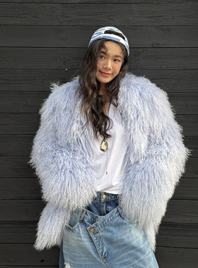 LEDIM WANG羊滩毛皮草毛绒外套女亮蓝色短款轻奢高级感冬季新款