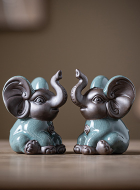 陶瓷大象摆件小号一对招财