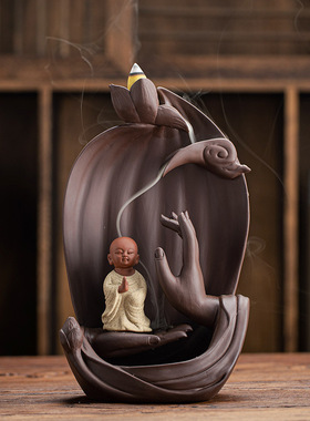 佛手莲花禅意陶瓷摆件家居复古流香薰炉厂家新品直销紫砂倒流香炉