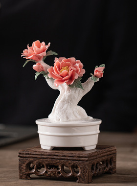 繁花似锦手工陶瓷花摆件家居办公室装饰仿真小盆栽牡丹花朵工艺品