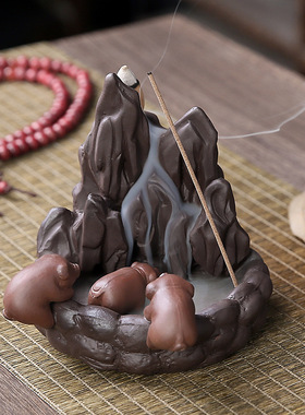 跨境紫砂倒流香炉高山流水小猪香薰炉室内檀香线香炉家用创意摆件