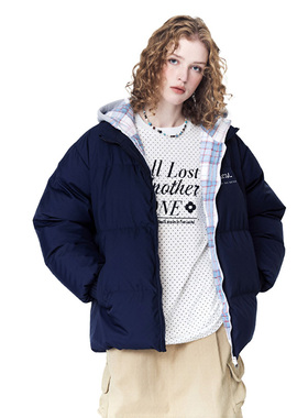 SNUN 美式音符签名保暖格子假两件开衫棉服连帽冬季宽松外套棉衣