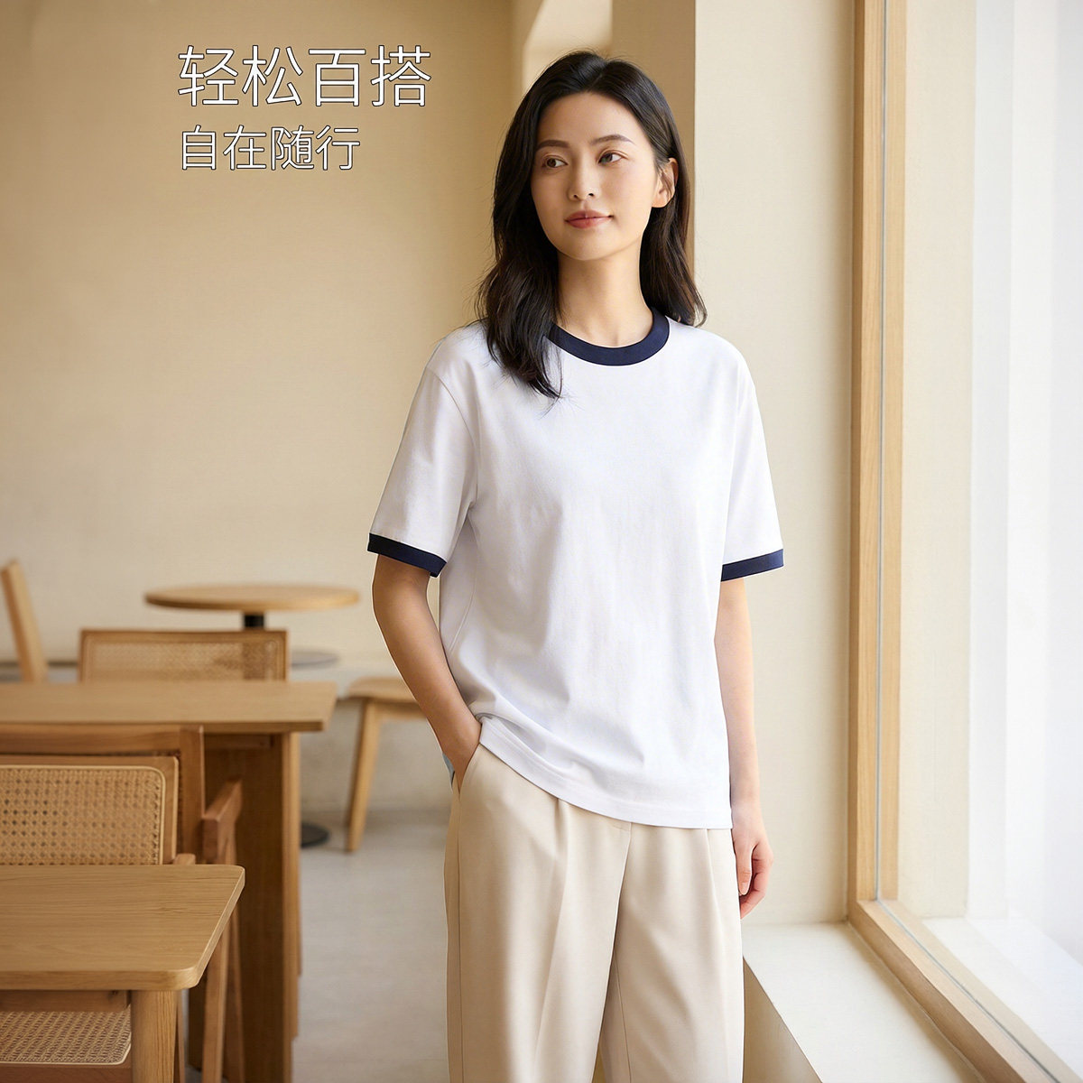 撞色拼接潮流纯棉圆领短袖t恤女2026新款宽松内搭打底半袖上衣