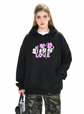 SNUN潮牌泡泡字体印花加绒黑色连帽卫衣复古高街秋冬加厚套头帽衫