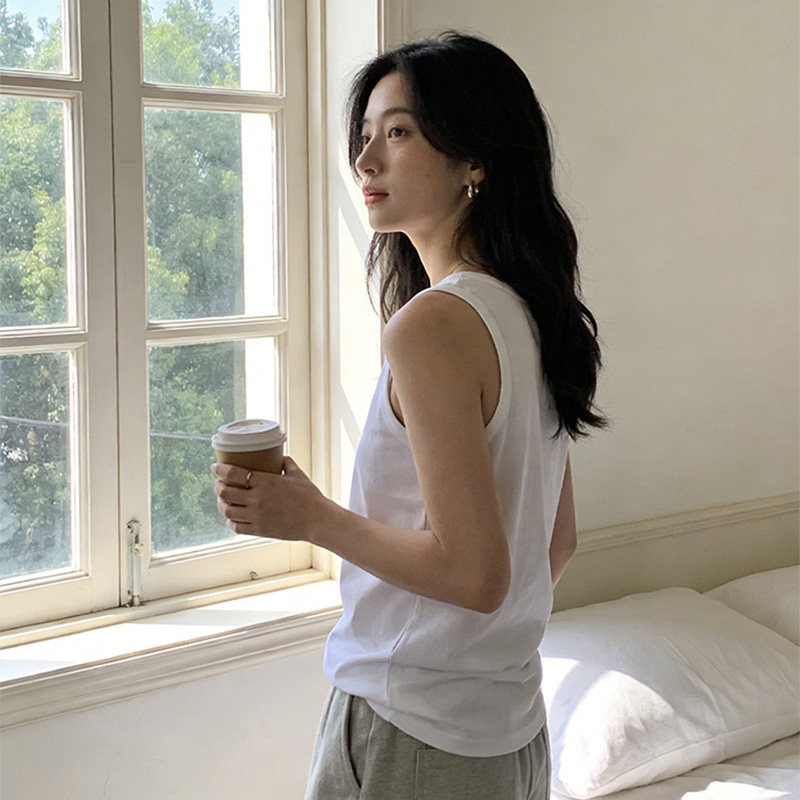 纯棉白色内搭宽松无袖t恤女坎肩高街透气户外运动背心夏舒适上衣