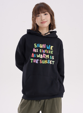 SNUN 潮牌彩色字母图案秋冬连帽卫衣加绒高街复古vintage上衣外套